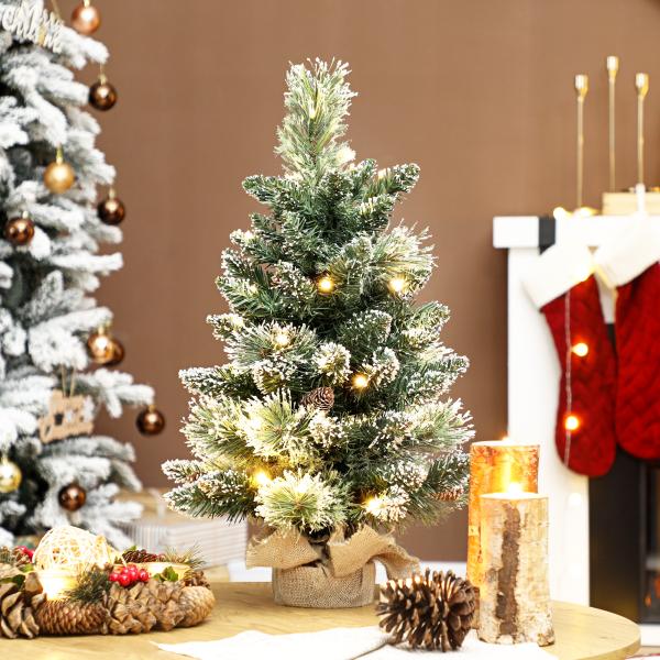 Mini Árvore de Natal Artificial com 35 Luzes LED 60 cm 64 Ramos com Neve Pinha Bagas e Base de Saco de Juta Ø41x60 cm Verde