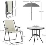 Conjunto de Mesa e Cadeiras de Jardim de 6 Peças com 4 Cadeiras Dobráveis Mesa de Vidro e Chapéu de Sol Creme