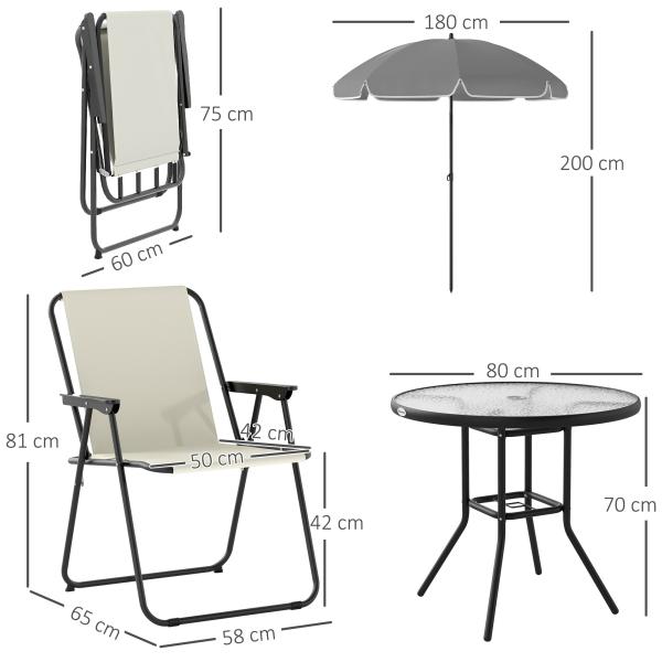 Conjunto de Mesa e Cadeiras de Jardim de 6 Peças com 4 Cadeiras Dobráveis Mesa de Vidro e Chapéu de Sol Creme