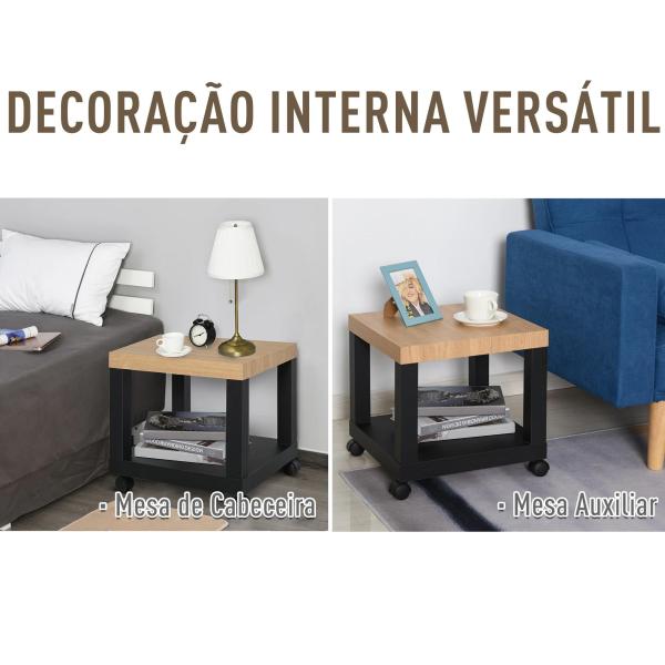 Mesa de Apoio para sofá mesa lateral com prateleira aberta Rodas 40x40x40 Preto e Madeira