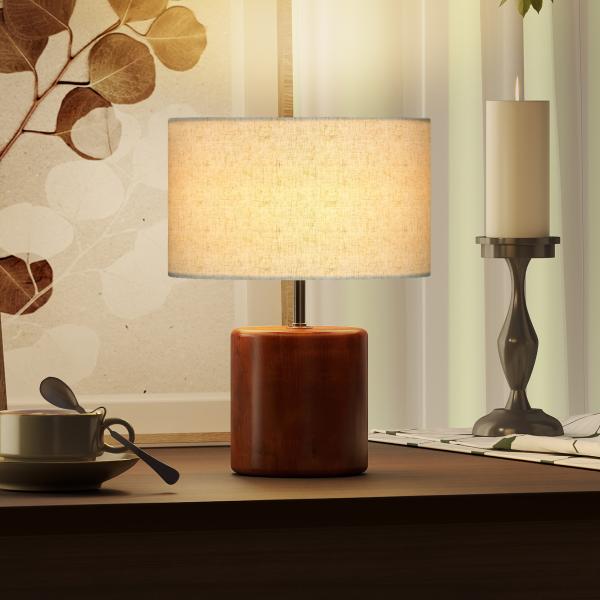 Candeeiro de Mesa Rústico com Base de Madeira Ecrã de Linho Interruptor Basculante E27 40W Ø20x27 cm Madeira e Bege