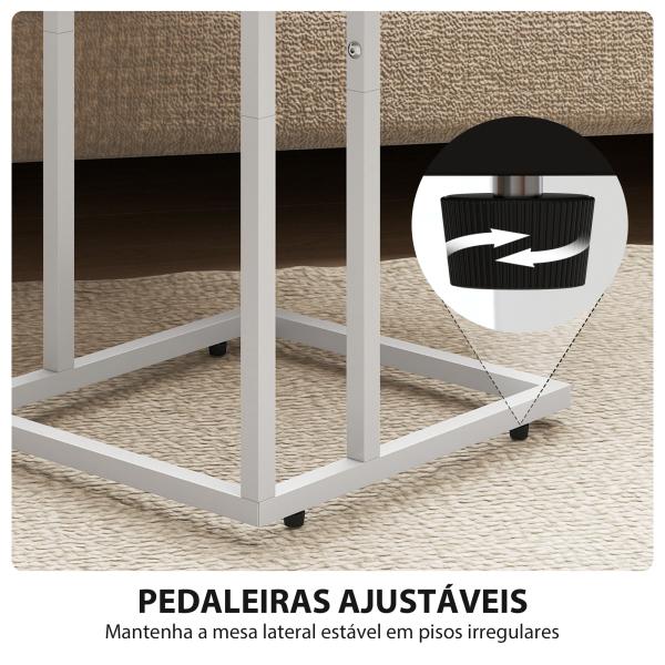 Mesa Auxiliar com Estação de Carga com Tampo Dobrável e Pés Ajustáveis 39x29x57 cm Branco e Madeira