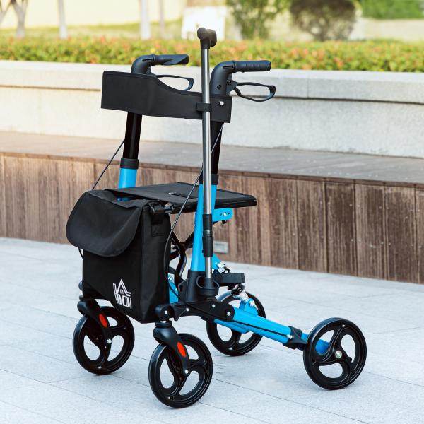 Andarilho Idosos Dobrável de Alumínio com Altura Ajustável Travão e Bolsa de Transporte 66x65x80 - 93 cm Preto e Azul