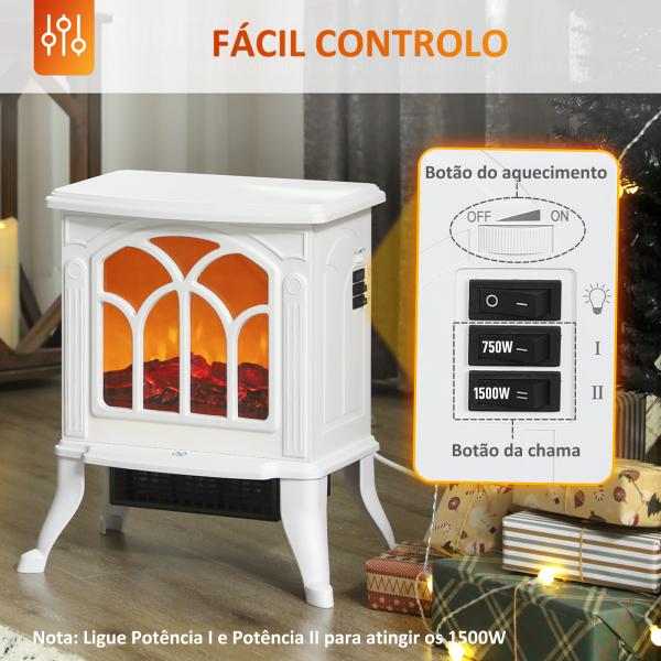 Lareira Elétrica 750/1500 W Lareira Decorativa com 2 Níveis de Potência Efeito Chama Área de Cobertura 15 - 20 m² 37,3x23,1x44 cm Branco