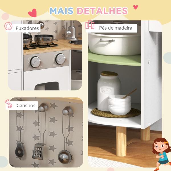 Cozinha de Madeira para Crianças com Máquina de Gelo Lavatório de Aço Inoxidável e Utensílios 84x34x89 cm Branco