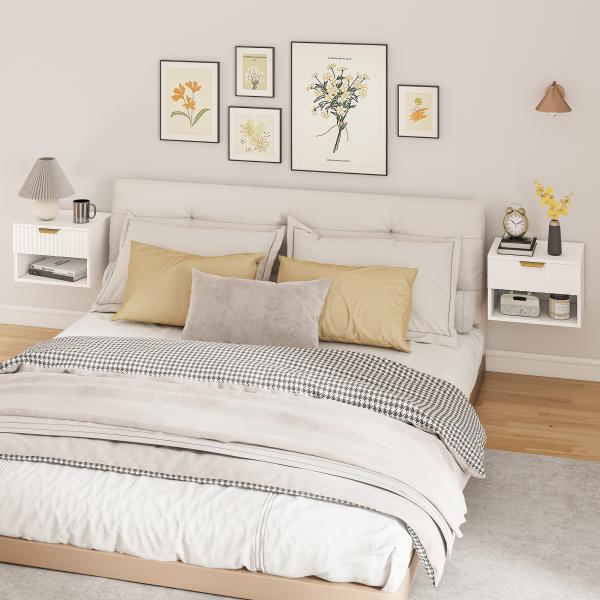 Conjunto de 2 Mesas de Cabeceira Flutuantes Estreitas com Gaveta com Frente Canelada e Prateleira Aberta 40x34x29 cm Branco