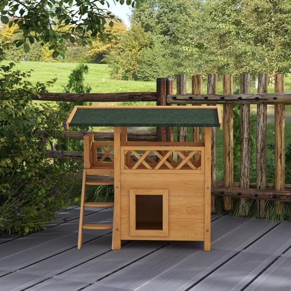 Casa para Gatos de Madeira 77x50x73cm com 2 Níveis Teto Asfáltico Terraço Cercado Caverna e Escada Madeira