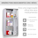 Armário de Medicamentos Armário de Primeiros Socorros de Aço Inoxidável com 3 Prateleiras e Fechadura 25x12x48 cm Prata