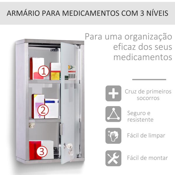 Armário de Medicamentos Armário de Primeiros Socorros de Aço Inoxidável com 3 Prateleiras e Fechadura 25x12x48 cm Prata