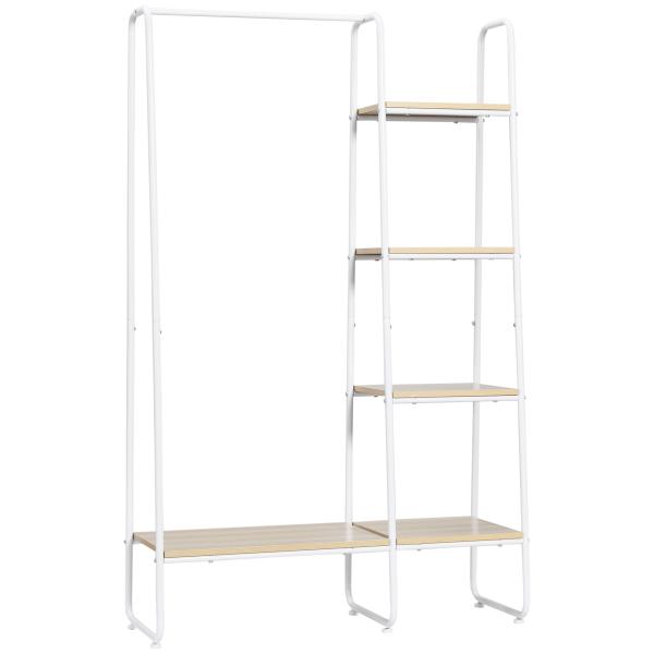 Suporte para Cabides com 4 Prateleiras de Armazenamento e Barra de Pendurar Estilo Industrial 101x39x160cm Madeira e Branco
