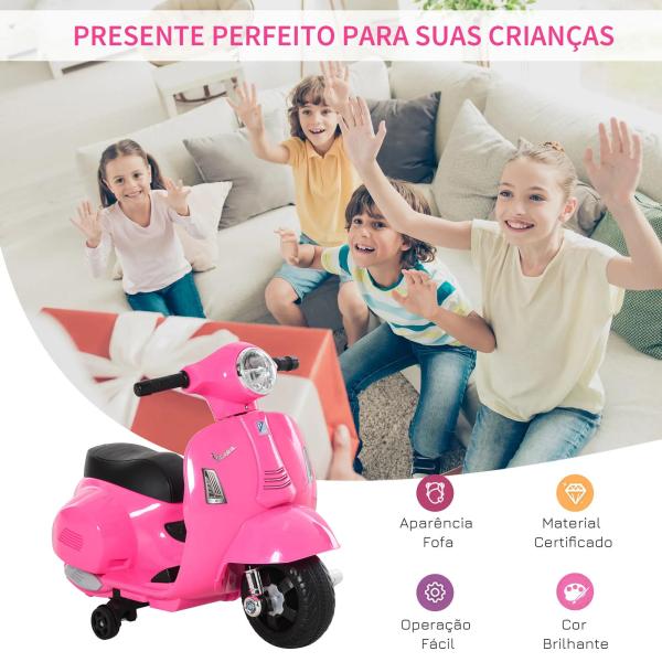 Mota Elétrica Infantil Vespa 6V com Farol, Buzina e Rodas Auxiliares para Crianças de 18 - 36 Meses Rosa 66,5x38x52 cm