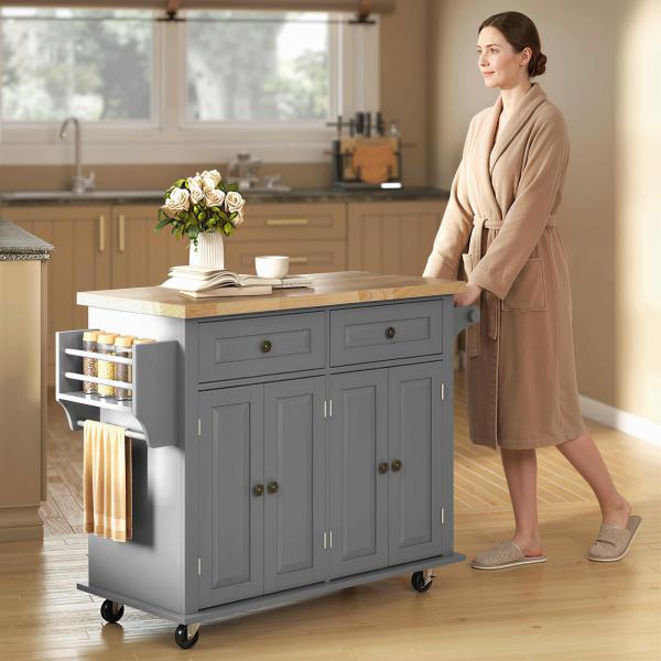 Ilha de Cozinha com Rodas 2 Gavetas 4 Portas Suporte para Temperos e Barra Lateral 111x44,5x82,5 cm Cinzento e Madeira