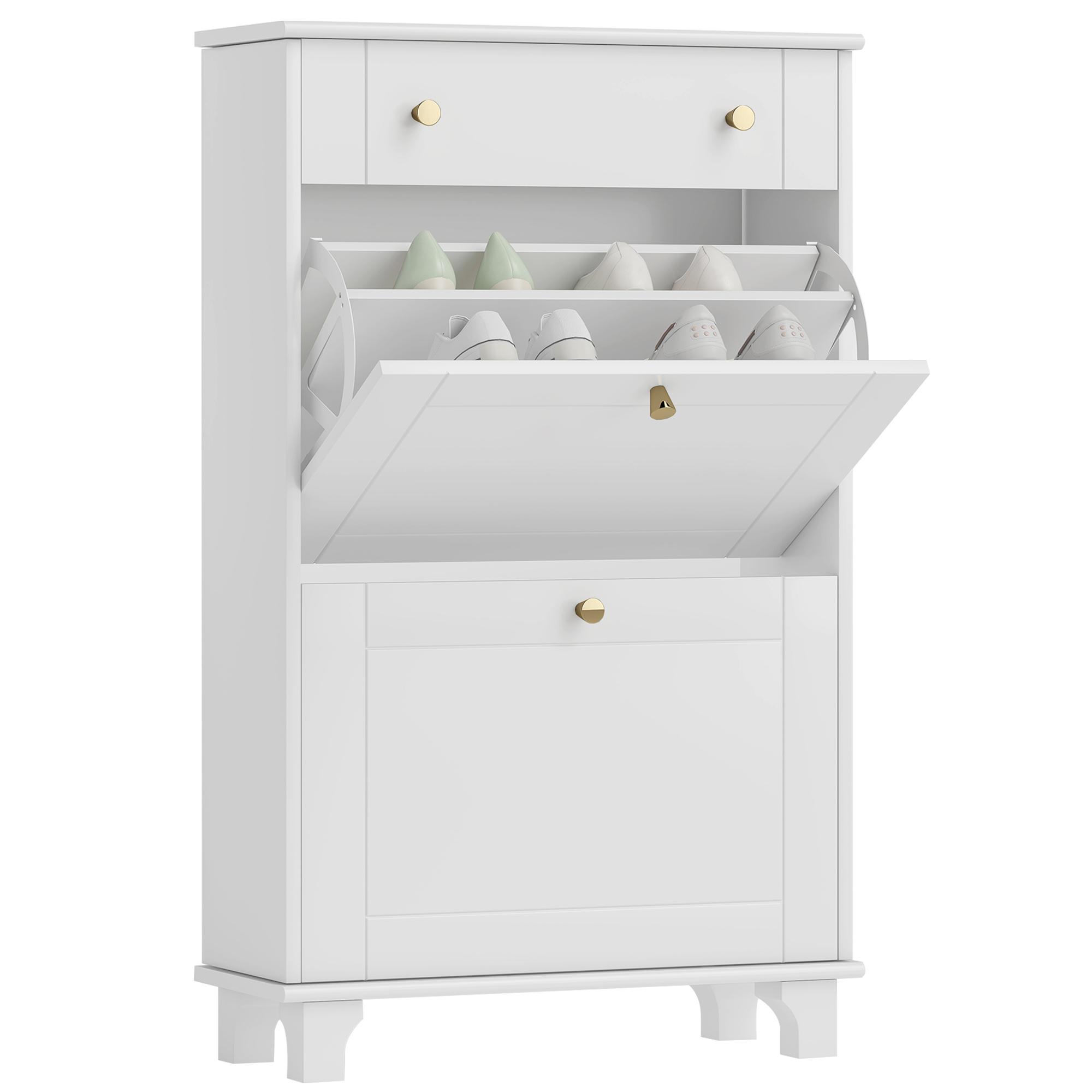 Sapateira Branca Móvel Sapateira Estreita com 2 Portas e 1 Gaveta para 8 Pares de Sapatos 60x23,5x98,5 cm Branco