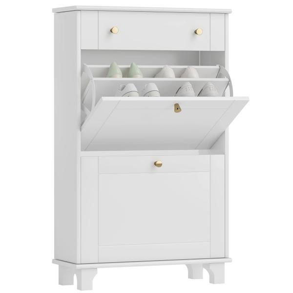 Sapateira Branca Móvel Sapateira Estreita com 2 Portas e 1 Gaveta para 8 Pares de Sapatos 60x23,5x98,5 cm Branco