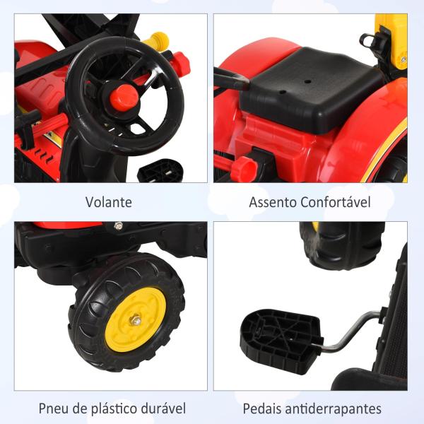 Trator de pedais para crianças acima de 3 anos com reboque e pá frontal 179x42x59 cm Vermelho