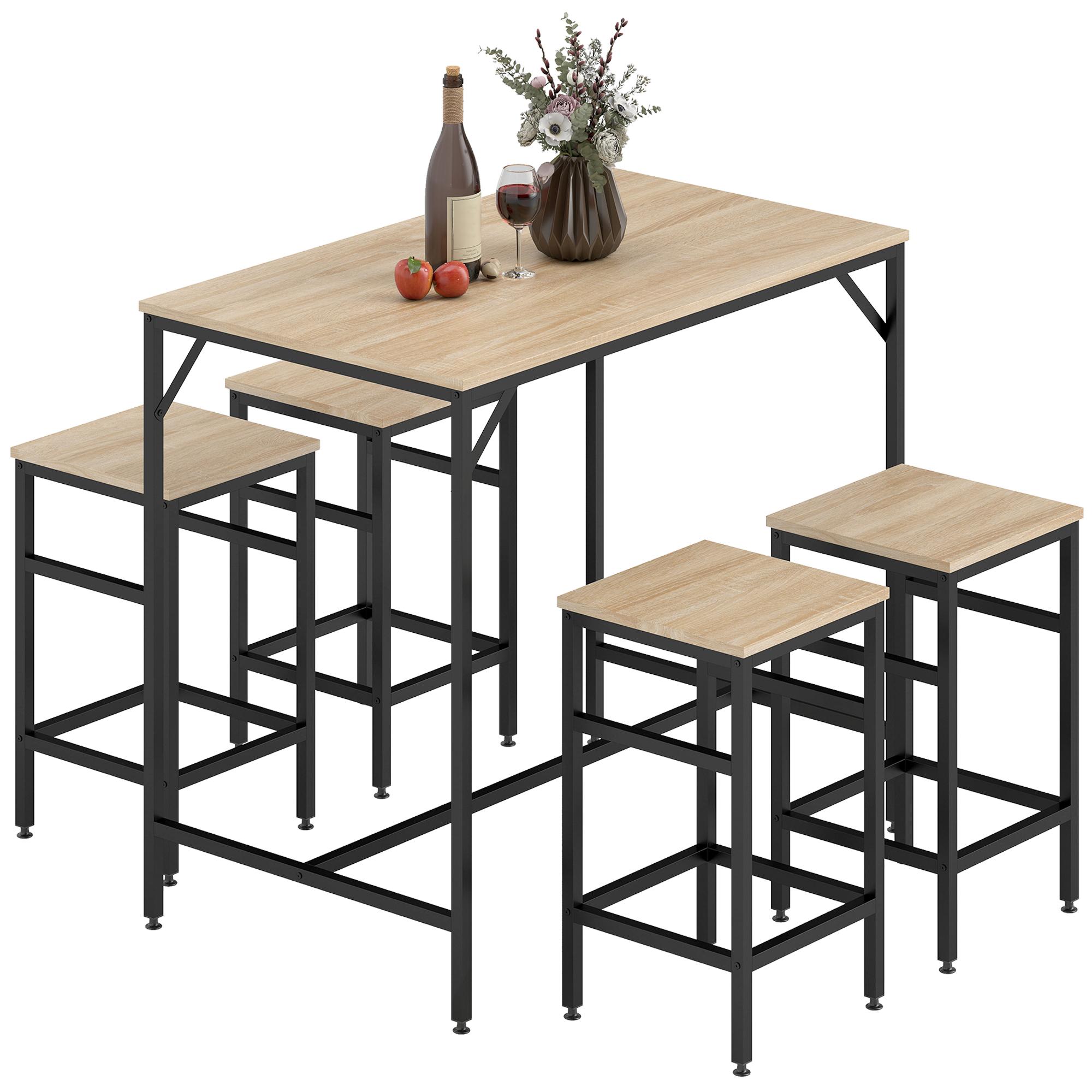 Conjunto de Mesa de Bar com 4 Bancos com Apoio para os Pés Conjunto de Móveis de 5 Peças Mesa de 100x60x88cm e Bancos de 32x32x57cm para Sala de Jantar Cozinha Preto e Carvalho