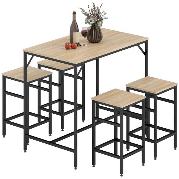 Conjunto de Mesa de Bar com 4 Bancos com Apoio para os Pés Conjunto de Móveis de 5 Peças Mesa de 100x60x88cm e Bancos de 32x32x57cm para Sala de Jantar Cozinha Preto e Carvalho