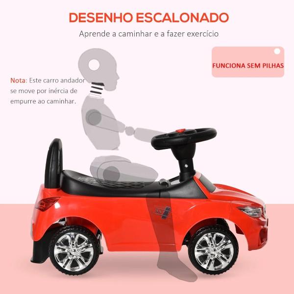 Carro Andador para Crianças de 18 - 36 Meses com Faróis Música Buzina Volante Compartimento de Armazenamento e Alça para Empurrar 63,5x28x36 Vermelho