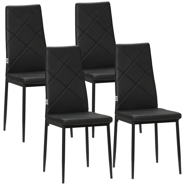 Conjunto de 4 Cadeiras de Sala de Jantar Estofadas em Couro Sintético com Encosto Alto e Pés de Aço 41x50x97 cm Preto