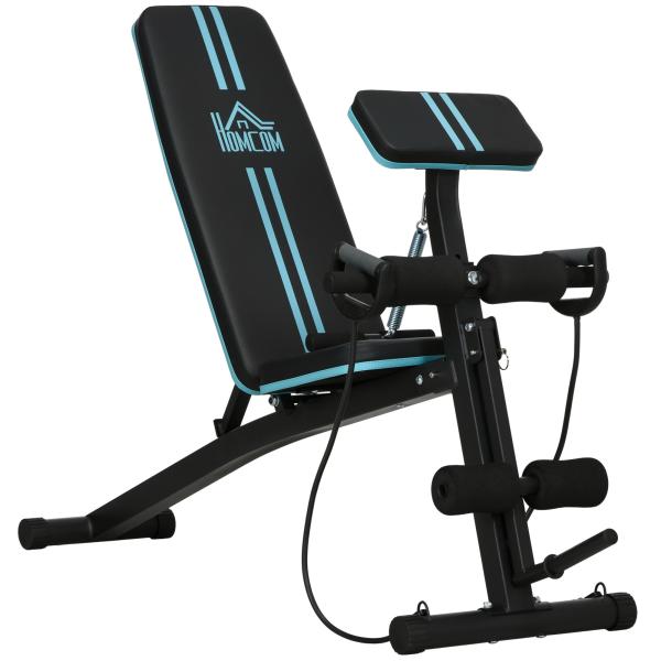 Banco de Musculação com Encosto Ajustável em 7 Posições Extensão de Pernas e Banda de Resistência 54x160x106cm Preto e Azul