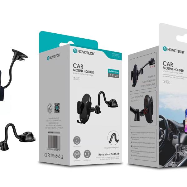 Suporte Universal de Telemóvel para Carro Novoteck Z-027 - Rotação 360°, Braço Flexível, Ventosa com Bloqueio, Design Elegante