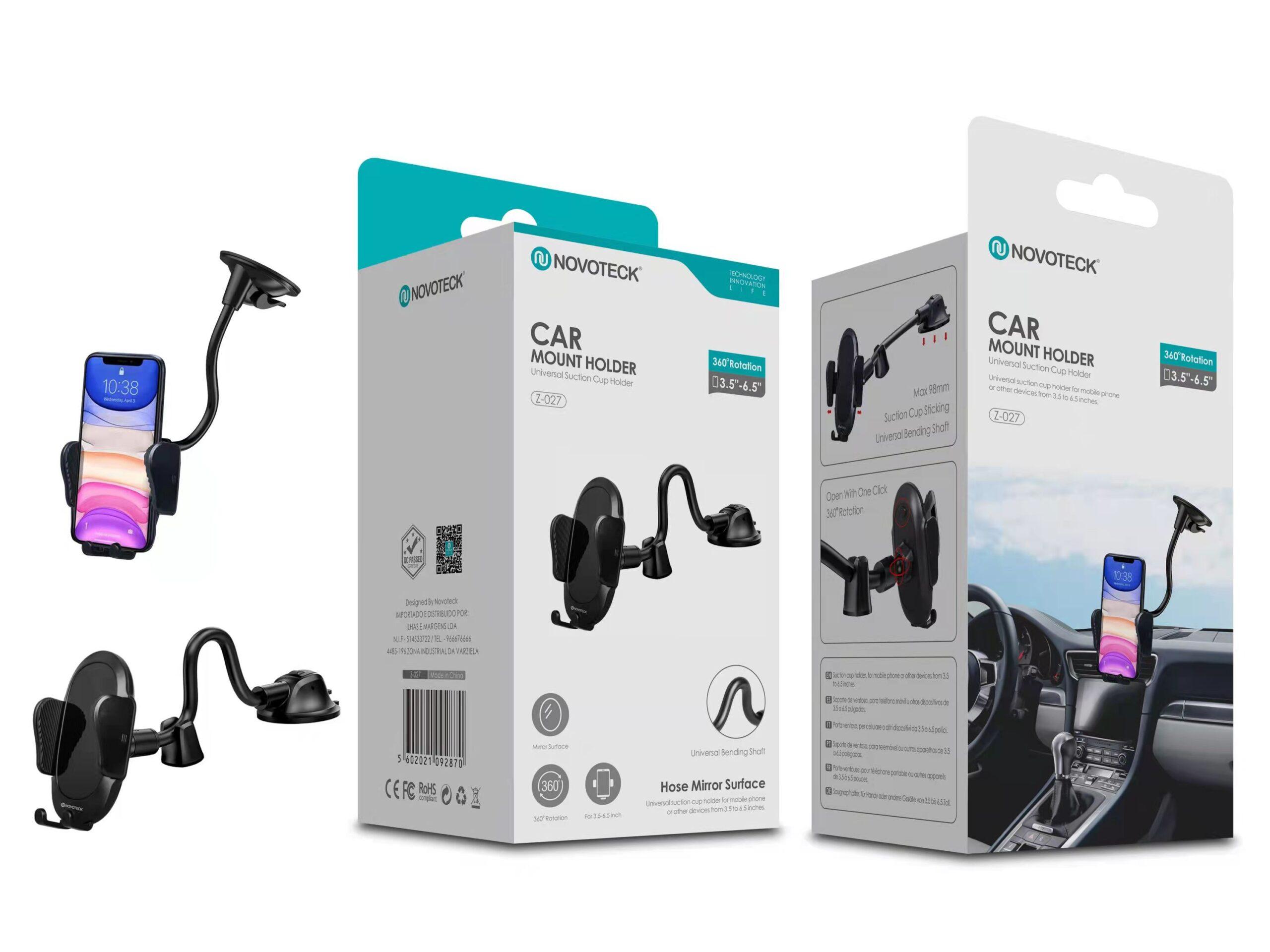Suporte Universal de Telemóvel para Carro Novoteck Z - 027 - Rotação 360°, Braço Flexível, Ventosa com Bloqueio, Design Elegante