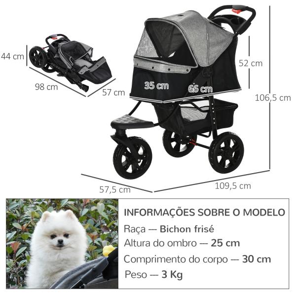 Carrinho de animais de estimação dobrável com rodas Correias de segurança e cesto de armazenamento 109,5x57,5x106,5 cm Cinza e preto
