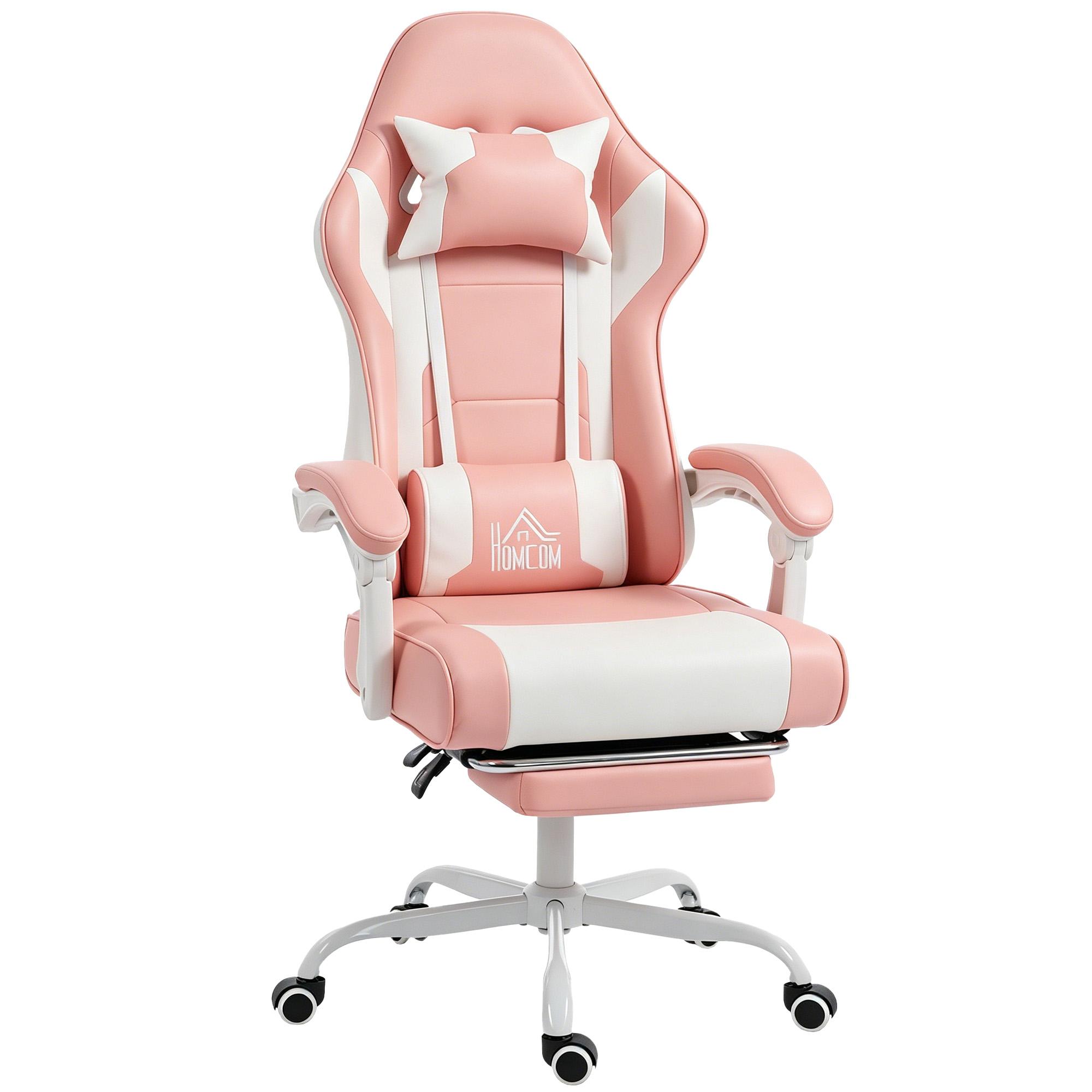 Cadeira Gaming Reclinável 155° com Suporte Lombar com Massagem Apoio de Cabeça e Apoio para os Pés 63x66x126 - 134 cm Rosa