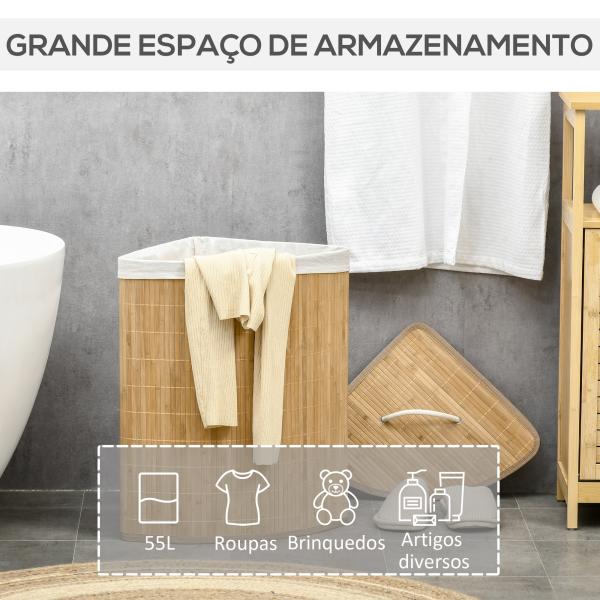 Cesto de Roupa de Bambu Capacidade de 55L Cesto para Roupa Suja com Tampa e Bolsa Amovível 38x38x57cm Madeira