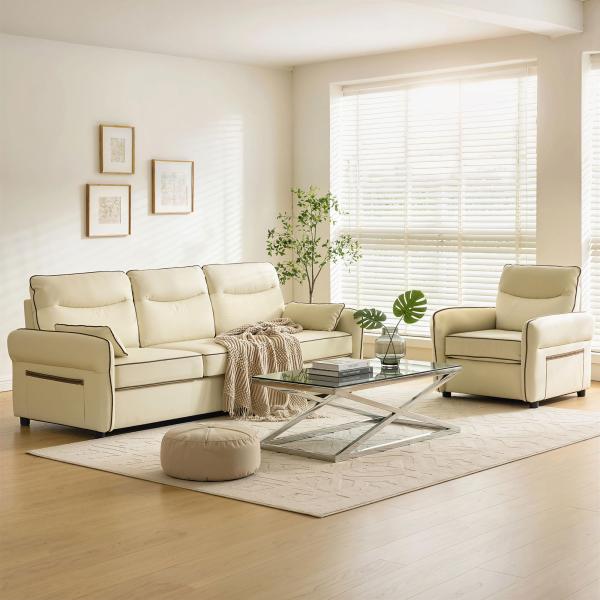 Sofá de 3 Lugares Sofá de Sala Moderno 190x85x80 cm Estofado em Couro Sintético com Bolso Lateral e 2 Almofadas Bege