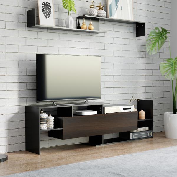 Móvel de TV Moderno Móvel para Televisores 153,6x25x42cm e Prateleira de Parede 150x14,5x16,3 cm Preto