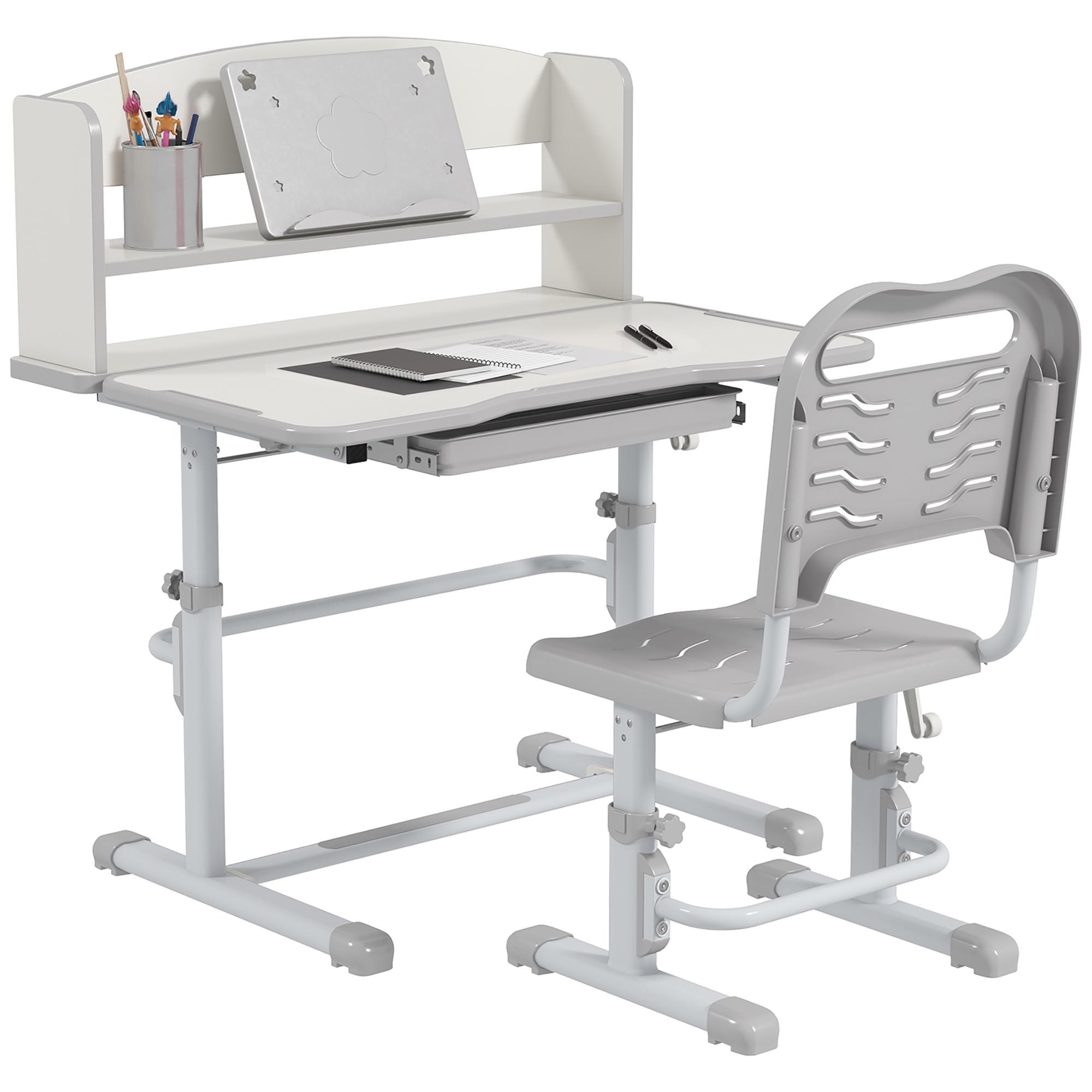 Conjunto de Secretária e Cadeira para Crianças com Altura Ajustável e Ângulo da Mesa Ajustável 80x54,5x82 - 104 cm Cinza e Branco