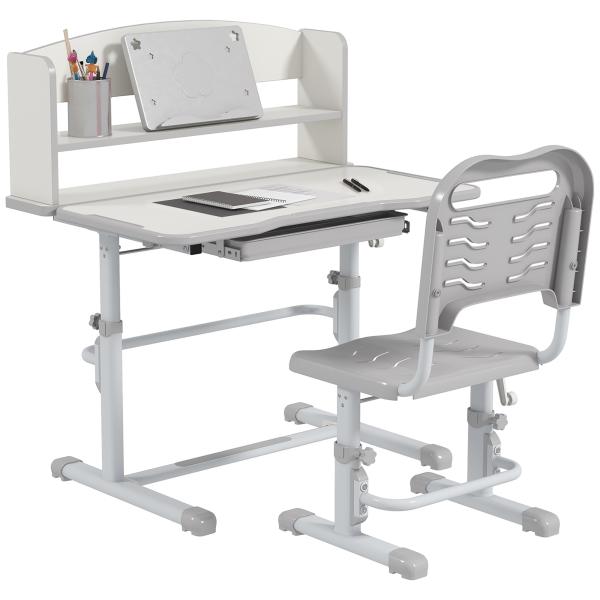 Conjunto de Secretária e Cadeira para Crianças com Altura Ajustável e Ângulo da Mesa Ajustável 80x54,5x82 - 104 cm Cinza e Branco