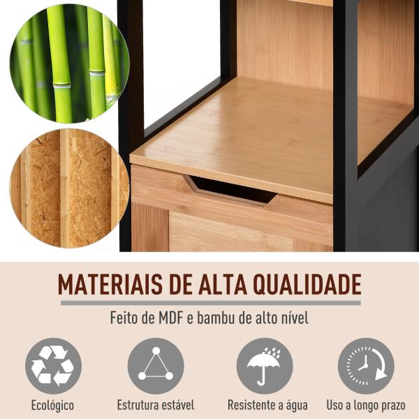 Coluna Casa de Banho com 3 Prateleiras e 2 Gavetas Armário Alto para Casa de banho Estilo Moderno 30x30x144,3 cm Madeira e Preto