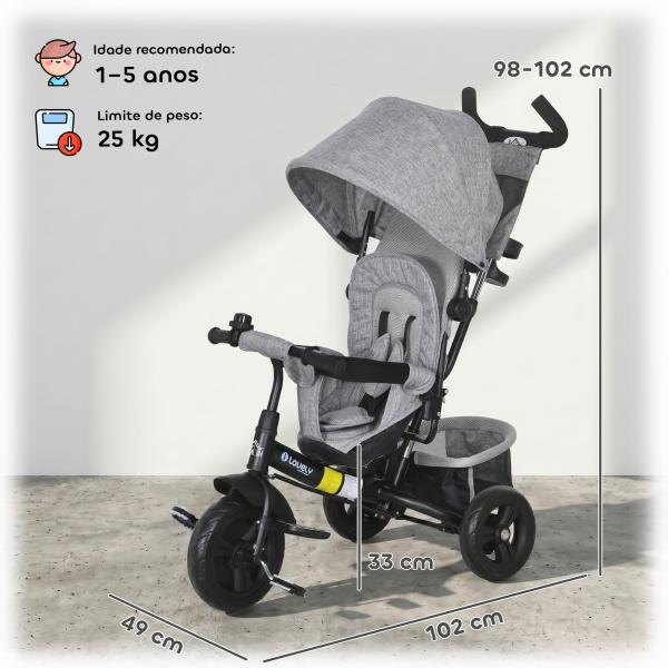 Triciclo para Bebés 2 em 1 de +12 Meses com Capota Dobrável Guiador Telescópico e Removível Bolsa e Porta - garrafas Cinza