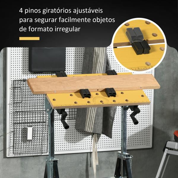 Bancada de trabalho ajustável em altura com 4 pinos giratórios com tabletes ajustáveis em ângulo e distância 65x60,5x85 - 110 cm Madeira natural e preta