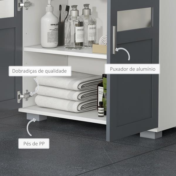 Móvel para Lavatório Pousar com 2 Portas com Vidro Temperado e Prateleira Ajustável 69x35x59 cm Branco e Cinza