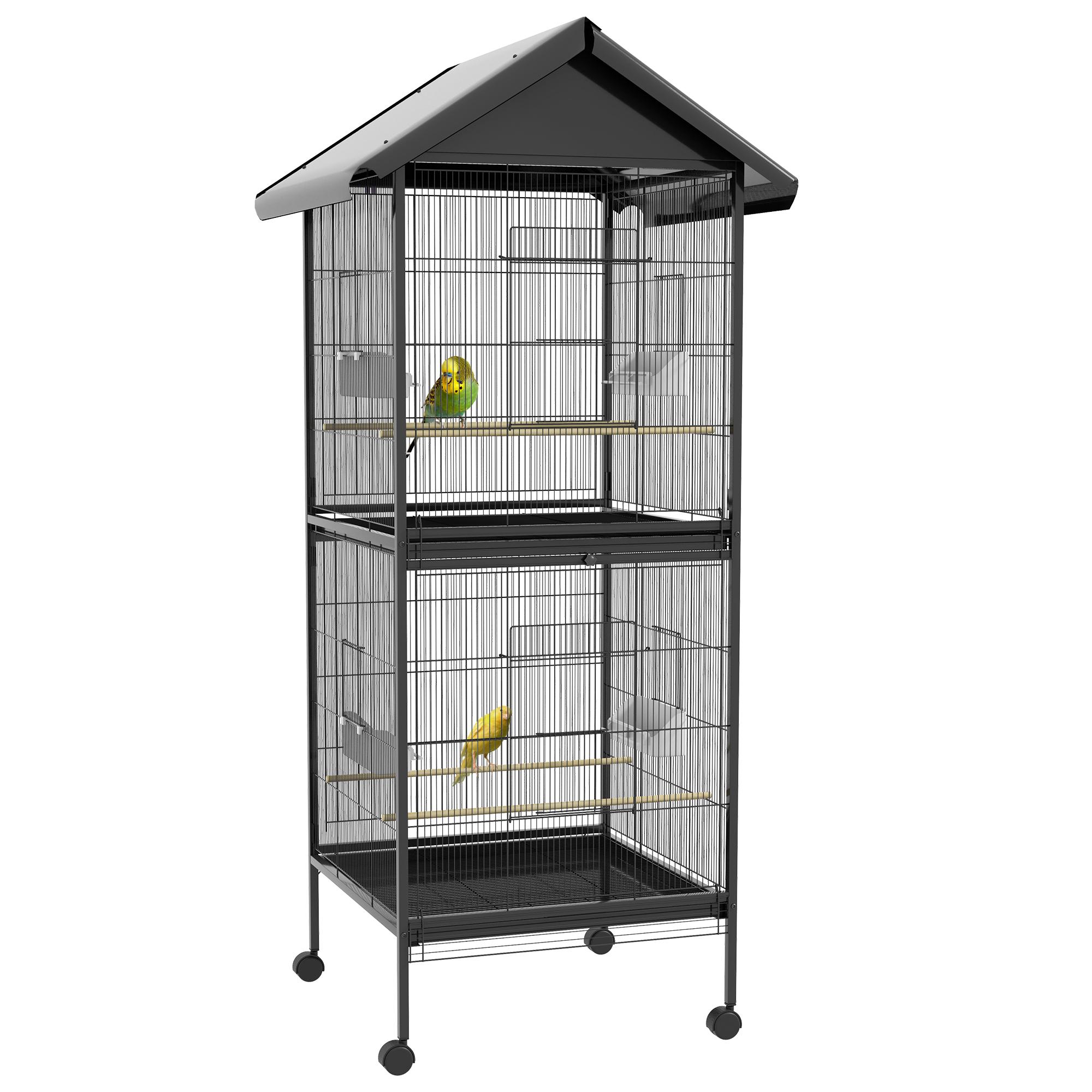 Gaiola para Pássaros Convertível em Somente Uma com Rodas 4 Comedouros e 4 Poleiros e Bandejas Amovíveis 78x75x168 cm Preto