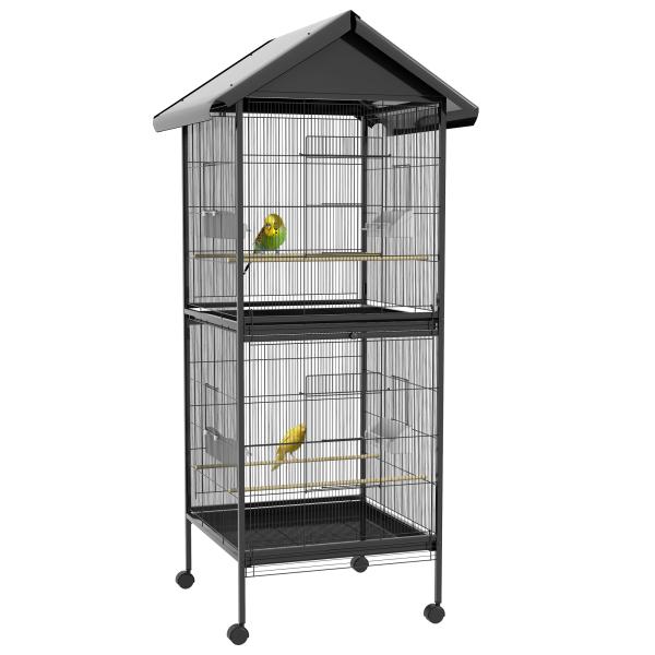 Gaiola para Pássaros Convertível em Somente Uma com Rodas 4 Comedouros e 4 Poleiros e Bandejas Amovíveis 78x75x168 cm Preto