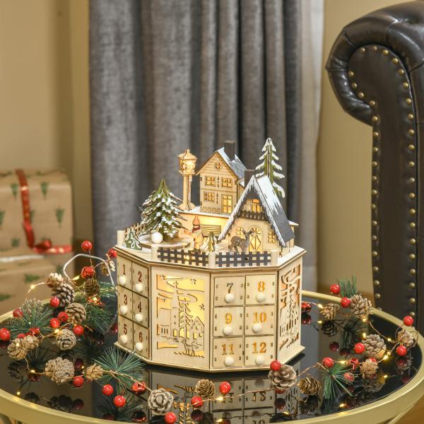 Calendário do Advento de Natal em Madeira Reutilizável com Luzes LED 24 Gavetas Cena de Aldeia 25x20x29 cm Natural