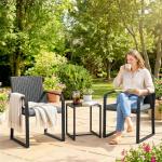 Conjunto de Jardim 3 Peças de Vime com 2 Cadeiras com Almofadas Tecido Textilene e Mesa de Vidro Temperado Cinza