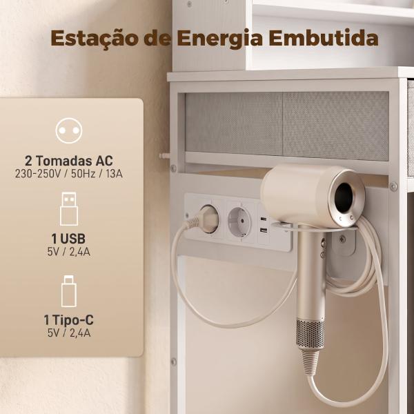 Penteadeira de Maquilhagem com Espelho LED, 3 Tons de Luz, Estação de Carregamento, 4 Gavetas, 5 Prateleiras, Suporte para Secador, Branco