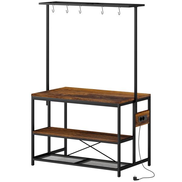 Estante de Cozinha com Tomada de Corrente Estilo Industrial com Prateleiras Ganchos Móvel Auxiliar 116x70x182 cm Marrom Rústico