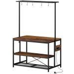 Estante de Cozinha com Tomada de Corrente Estilo Industrial com Prateleiras Ganchos Móvel Auxiliar 116x70x182 cm Marrom Rústico