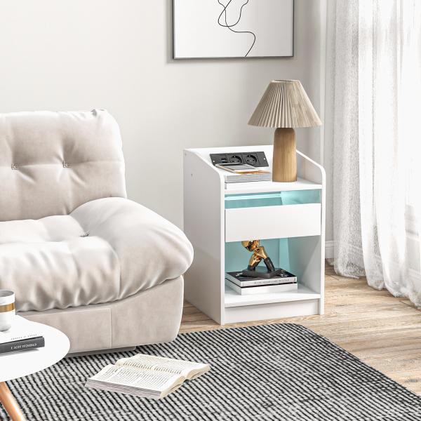 Mesa de Cabeceira com Luzes LED Gaveta Prateleira Estação de Carregamento Entrada USB e Controlo Remoto 40x40x58 cm Branco