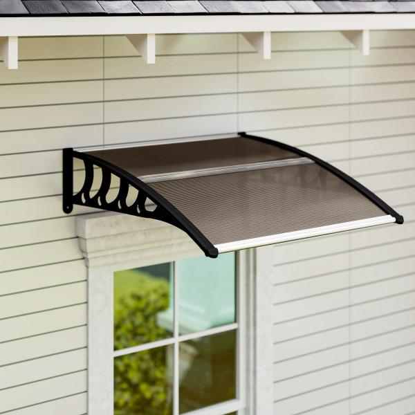 Marquise para Portas e Janelas 103x96,5 cm Marquise com Proteção para Sol e Chuva com Painéis de Policarbonato Preto e Marrom