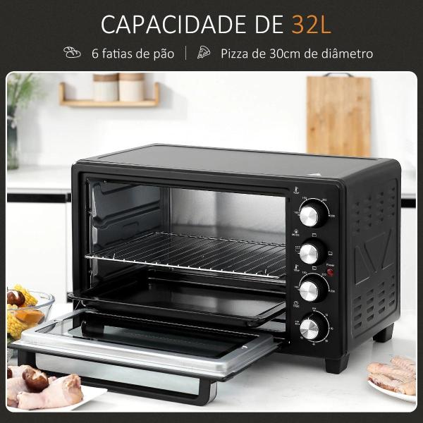 Mini Forno Elétrico de 32L 1600W com 3 Modos de Aquecimento Temperatura até 230 °C Temporizador Bandeja de Assar Ajustável em 3 Níveis 52,2x38,1x33,5cm Preto