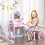 Toucador Infantil com Banco Espelho e Gaveta Mesa de Maquilhagem para Crianças entre 3 - 6 Anos 65,5x46x93cm Rosa