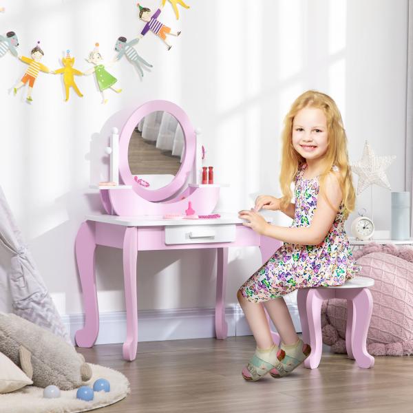 Toucador Infantil com Banco Espelho e Gaveta Mesa de Maquilhagem para Crianças entre 3 - 6 Anos 65,5x46x93cm Rosa