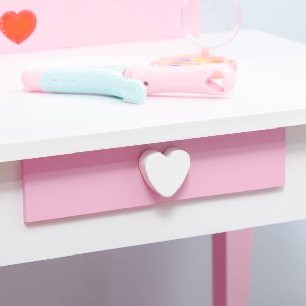 Toucador Infantil de Madeira com Banco Espelho e Gaveta Mesa de Maquilhagem para Crianças entre 3 - 6 Anos 50x36,5x89,5cm Rosa